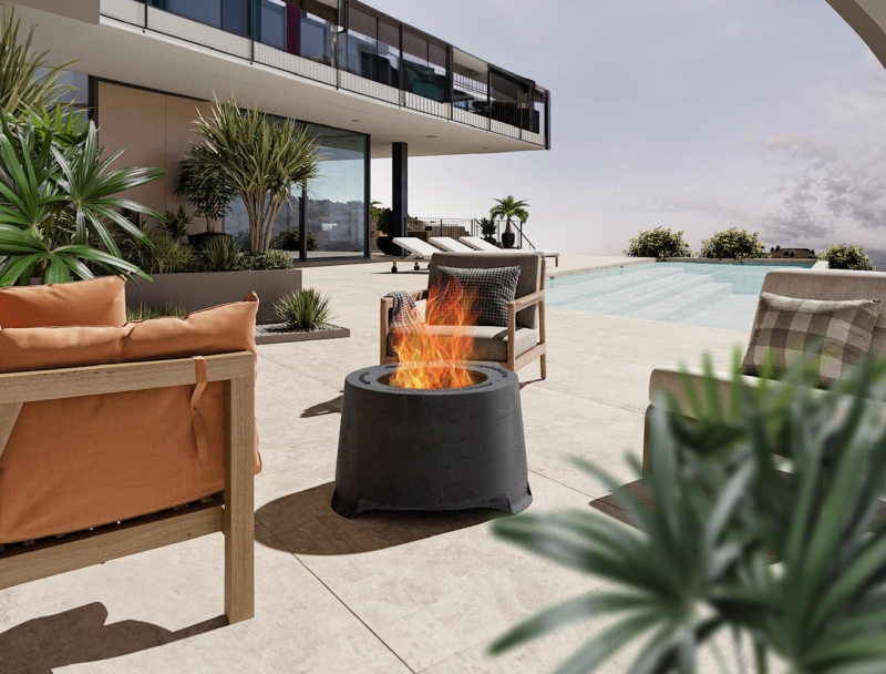 Zestaw Żeliwne, bezdymne, z wentylacją palenisko okrągłe Firefly z pokrowcem i pokrywą