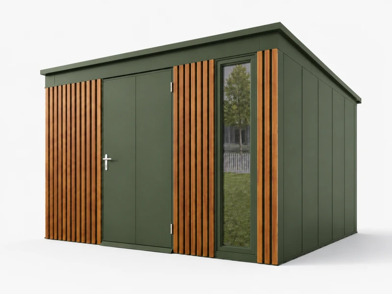 Lamelowy domek ogrodowy z pionowym oknem w kolorze zielony – nowoczesny design