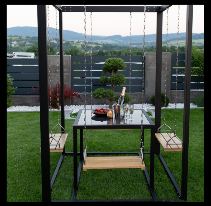Zestaw ogrodowy 4 osobowy, drewniane huśtawki  - Swing table