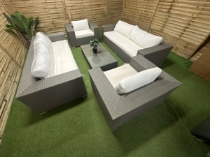 Meble ogrodowe wypoczynkowe Matelia – klasyczny zestaw rattanowy 6-osobowy, 2x kanapa, 2x fotel, stolik, szary technorattan, aluminium