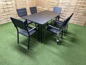 Meble ogrodowe wypoczynkowe Tunis – zestaw obiadowy z materiału kompozytowego, stół, 6 krzeseł, aluminium, kompozytowe siedziska