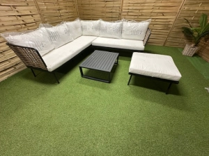 Meble ogrodowe wypoczynkowe Sunset – zestaw 5-osobowy w stylu boho, 2x kanapa, puf, stolik, antracyt, włókno naturalne, aluminiowa rama