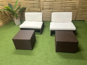 Meble ogrodowe wypoczynkowe Estoria – zestaw wypoczynkowy 2-osobowy, 2 fotele, 2 pufy, rattan, aluminium, różnice w elementach