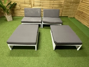 Meble ogrodowe wypoczynkowe Estoria M – zestaw niskosiedzeniowy z pufami, 2 fotele, 2 pufy, technorattan, aluminium, pokrowce, szyby