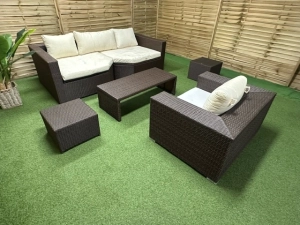 Meble ogrodowe wypoczynkowe Limia – zestaw mix elementów 5-osobowy, fotel, narożniki, pufy z różnych kolekcji, technorattan, aluminium