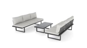 Meble ogrodowe wypoczynkowe Sarita – zestaw wypoczynkowy 3-osobowy, kanapa trzyosobowa, stolik, aluminium, kolor szary, brak bocznych oparć