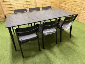 Zestaw stół + krzesła Aluset - 6 osobowy zestaw stołowy, ciemny, imitacja drewna, aluminium