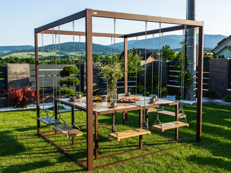 Zestaw ogrodowy 8 osobowy kwadrat, drewniane huśtawki - Swing table