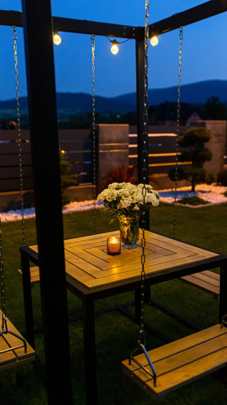 Zestaw ogrodowy 4 osobowy, drewniane huśtawki  - Swing table